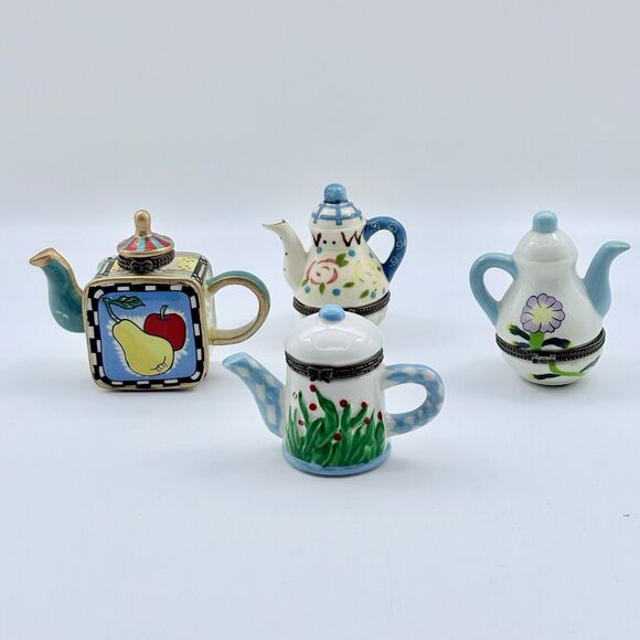 Vintage Miniature Teapot Trinket Box Hinged Lid Set Of 4 Flowers & Fruit - Picture 1 of 11